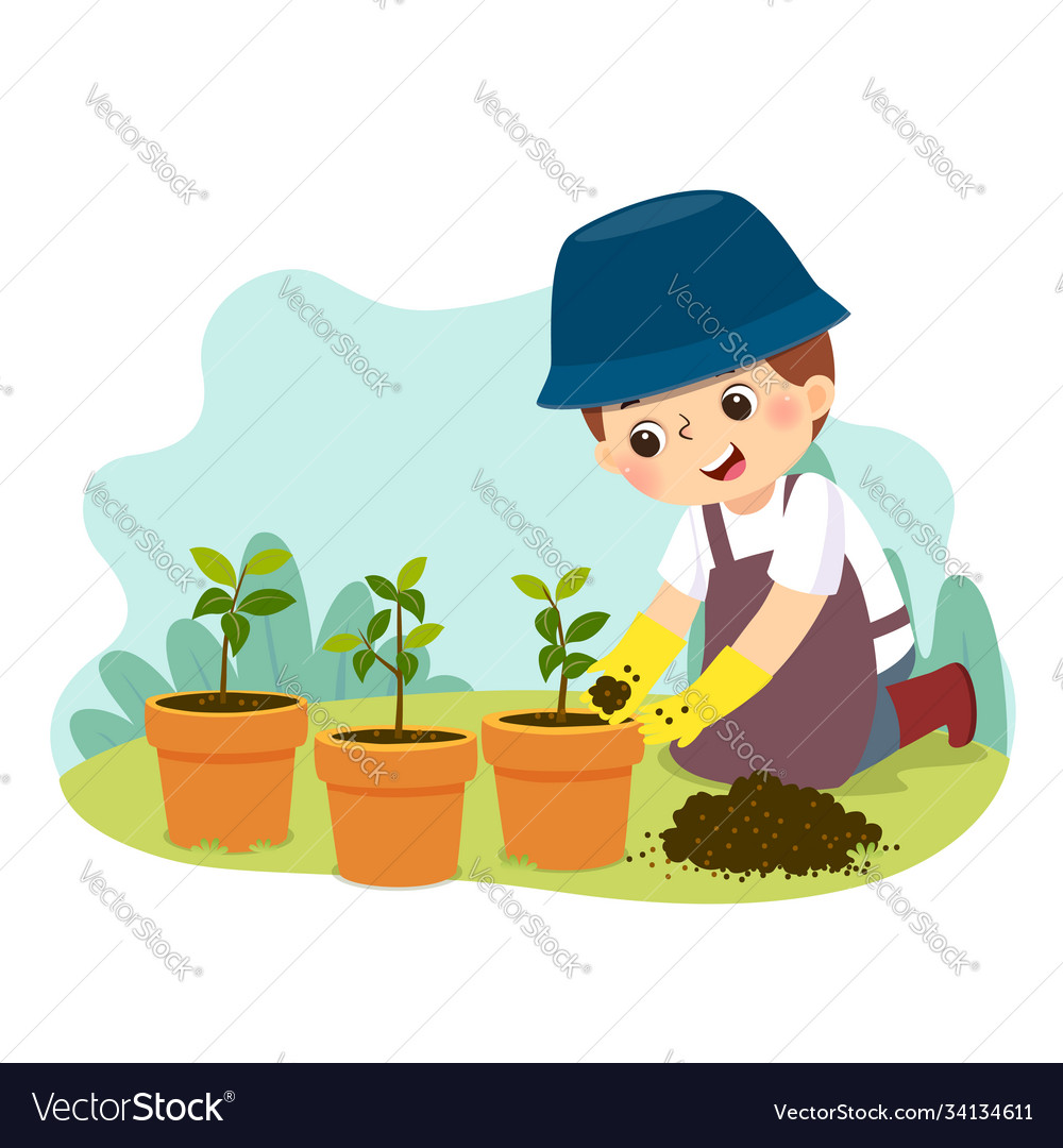 Little boy doing gardening Royalty Free Vector Image