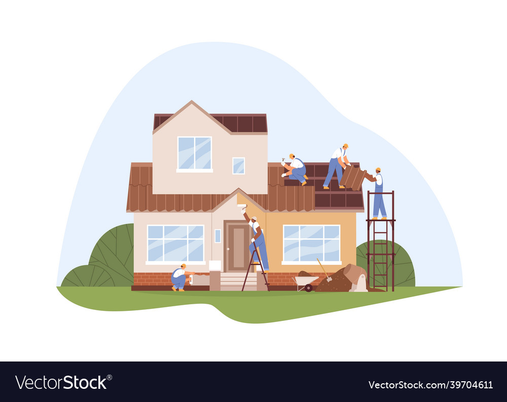 Workers at house repair and renovation builders vector image Workers at house repair and renovation builders