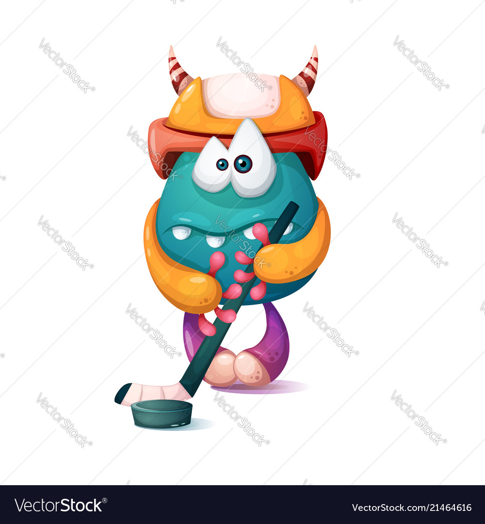 Funny cute cartoon monster characters hockey