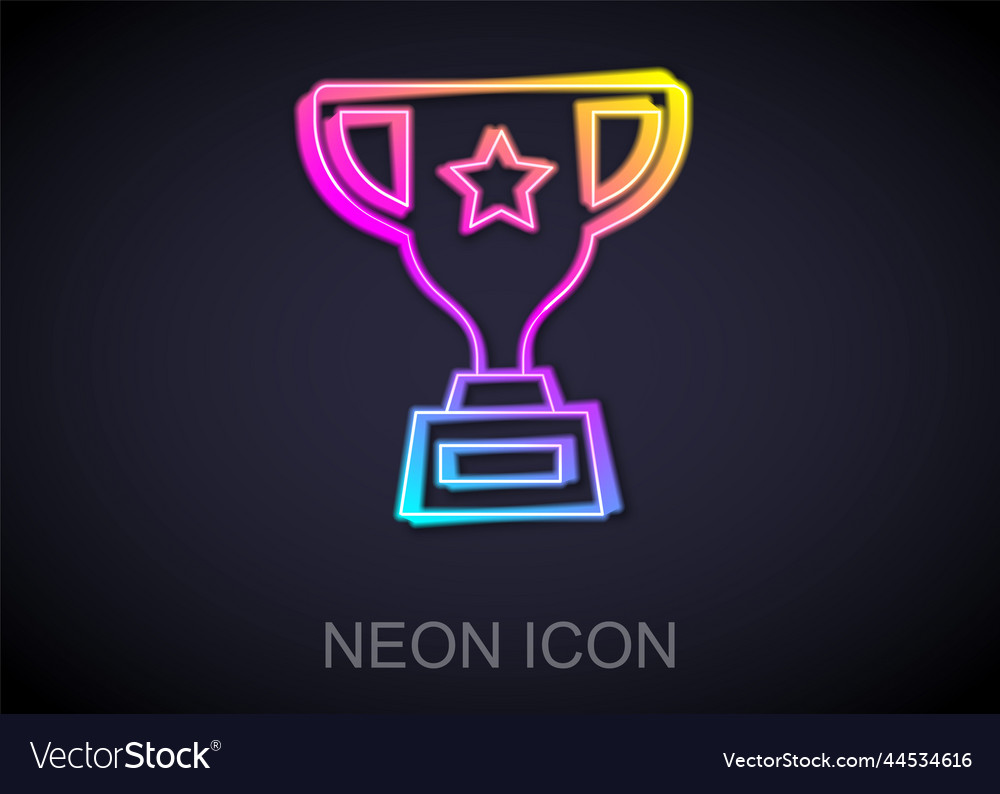 Glowing neon line award cup icon isolated on black