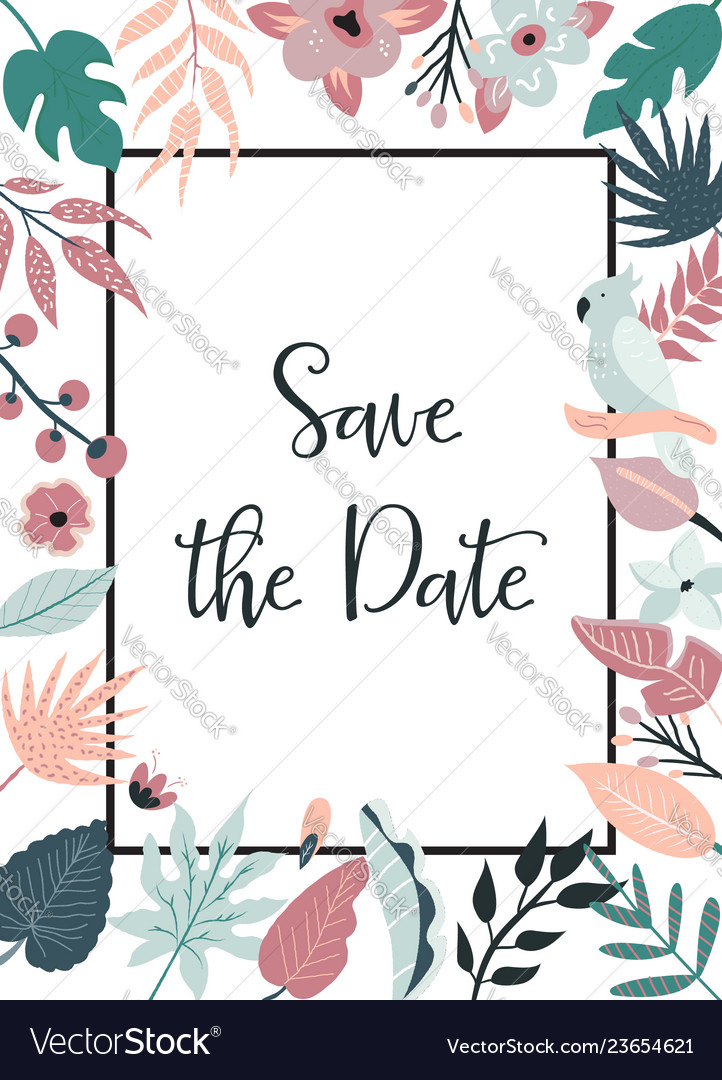 Bright invitation with flowers and palm leaves