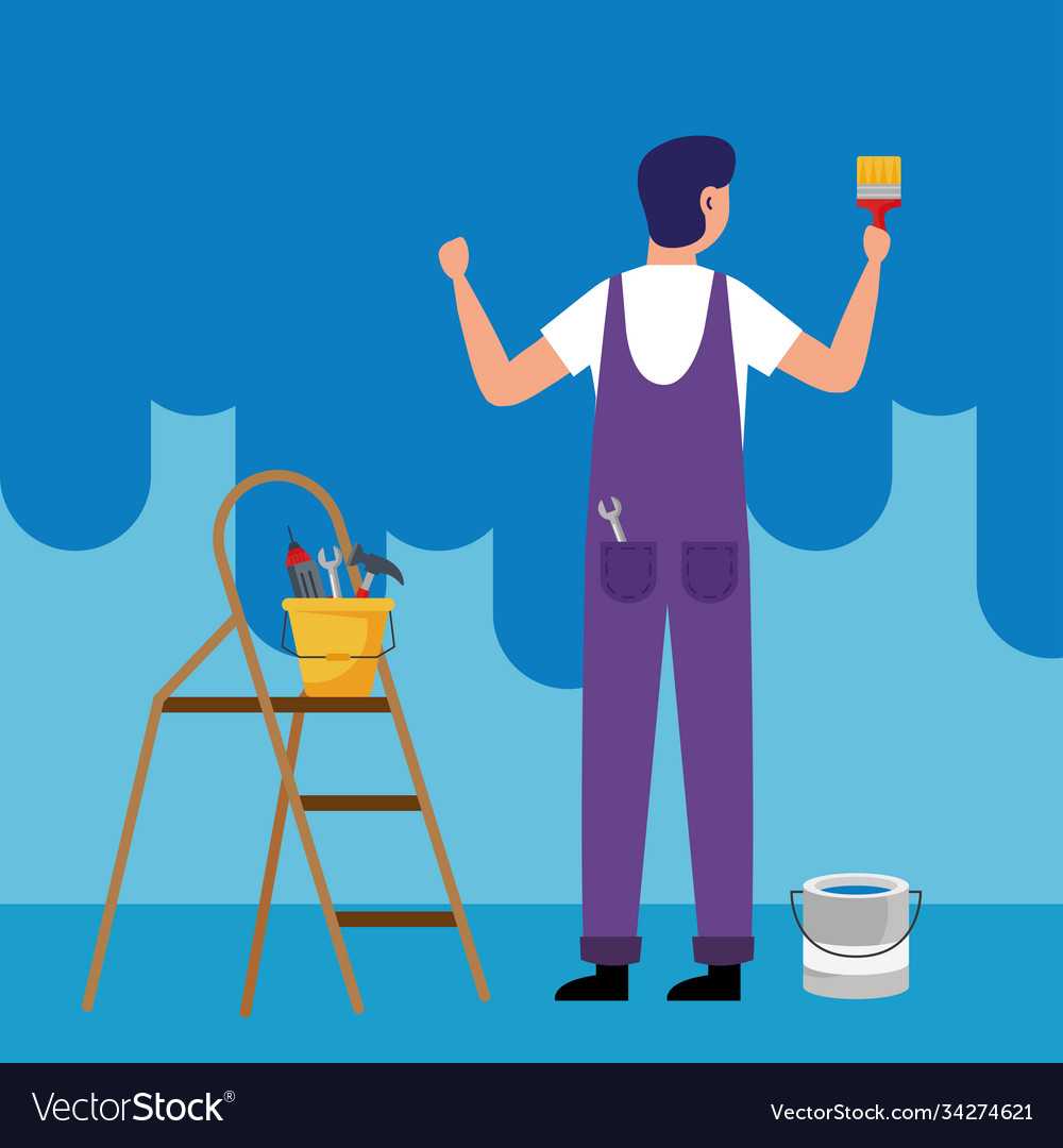 Painter man with brush and tools bucket on ladder Vector Image