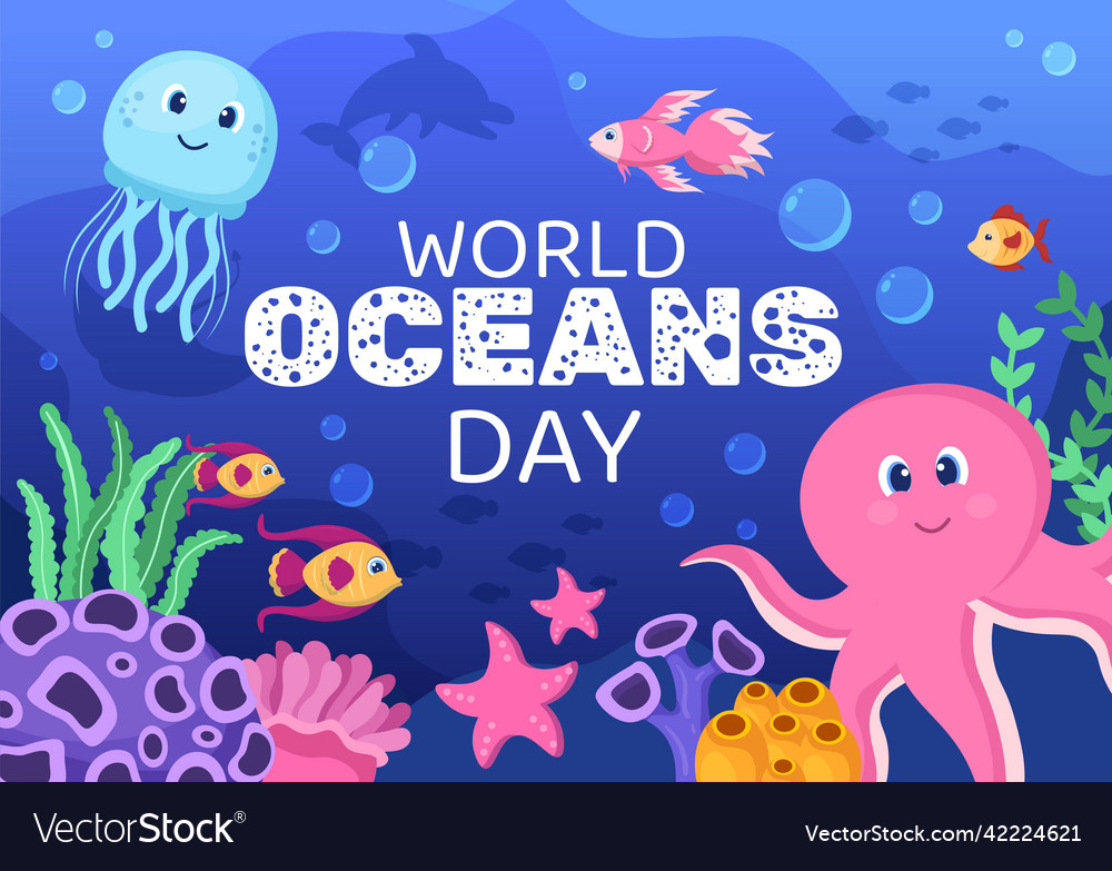 World ocean day cartoon with underwater scenery