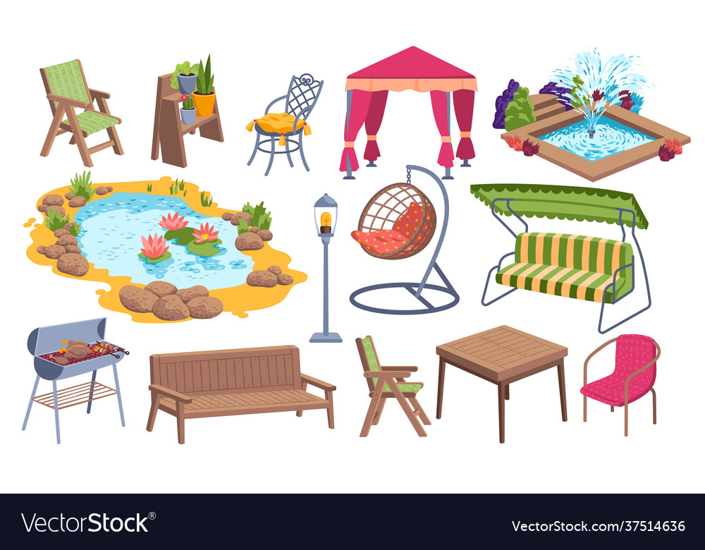 Outdoor garden furniture icon set water pond Vector Image