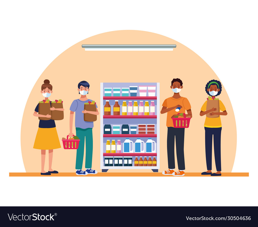 People shopping in supermarket with face mask