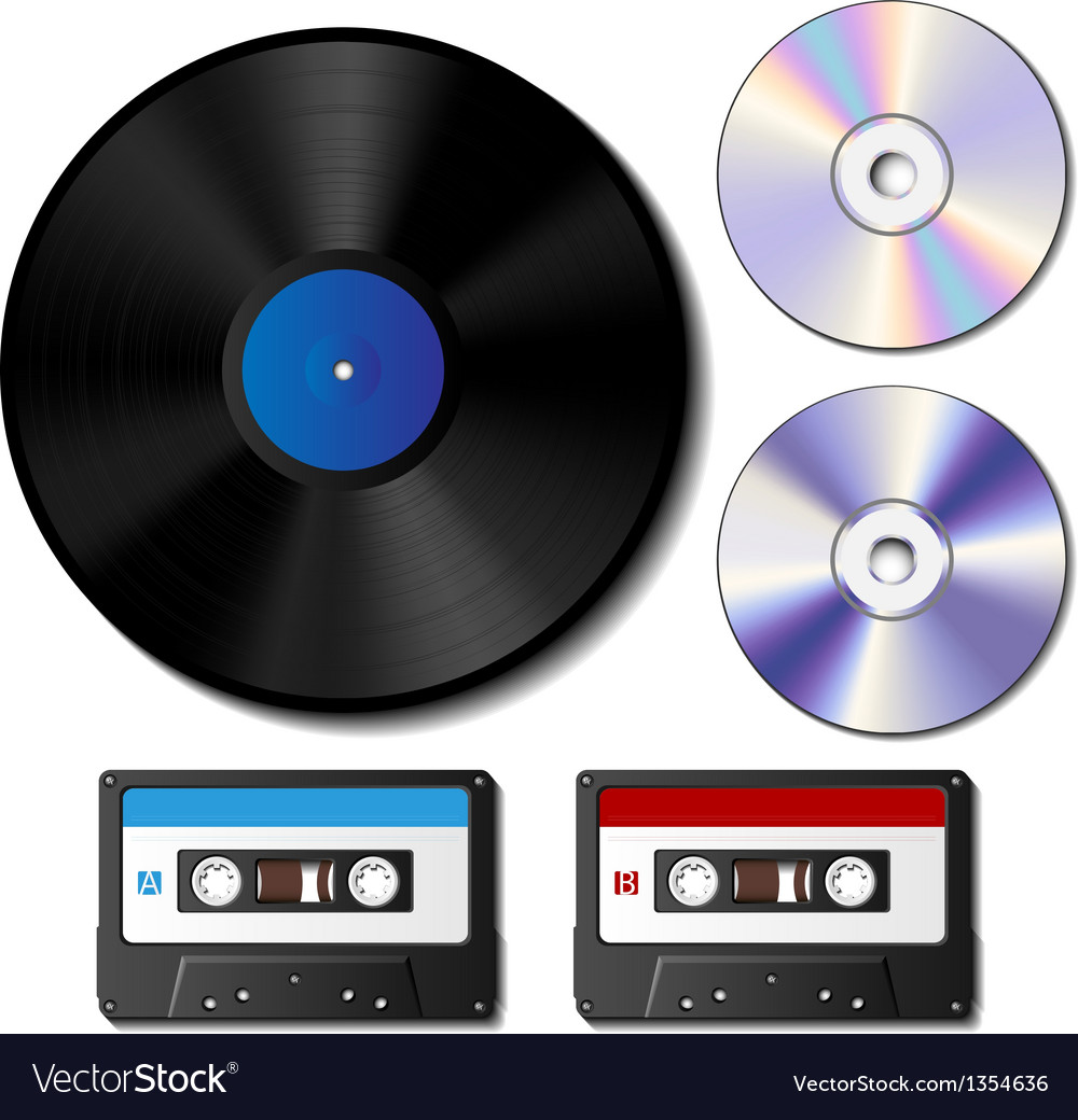 føle shuffle bekvemmelighed Vinyl record cd and cassette tape set Royalty Free Vector