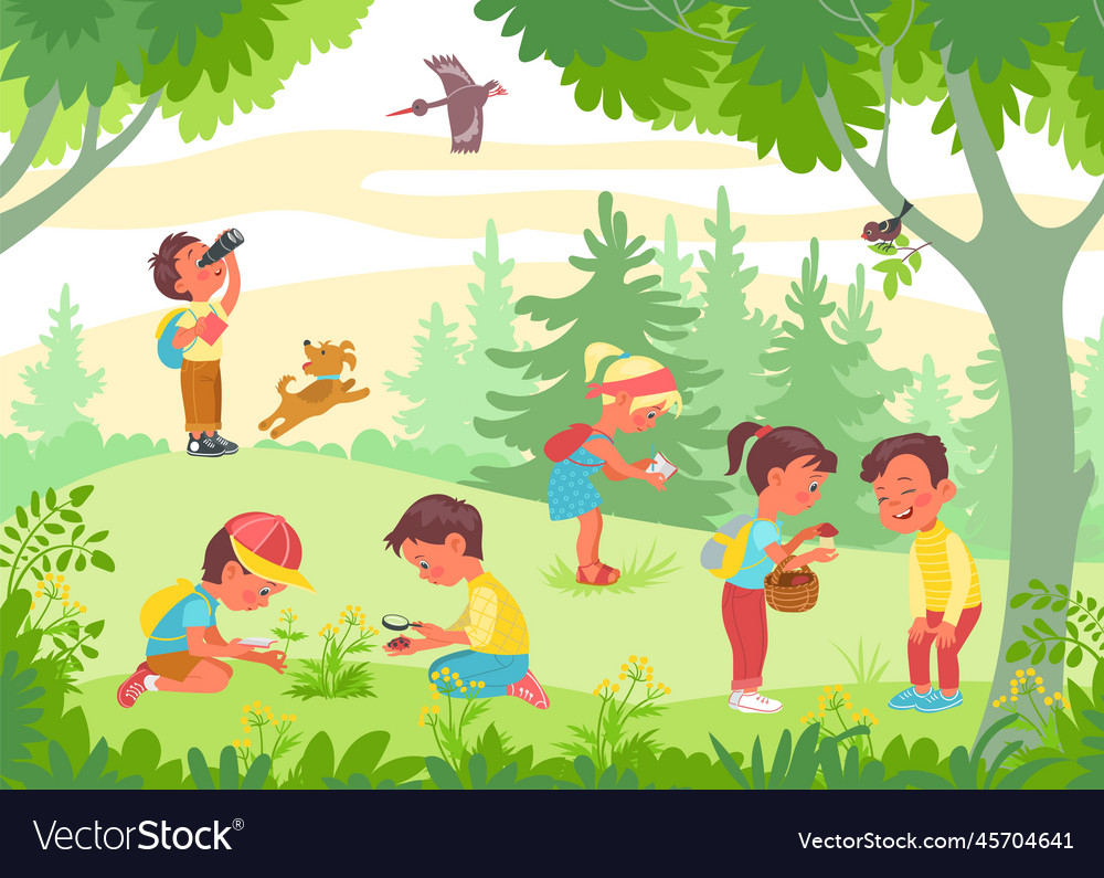 Kids study nature inquisitive researchers Vector Image