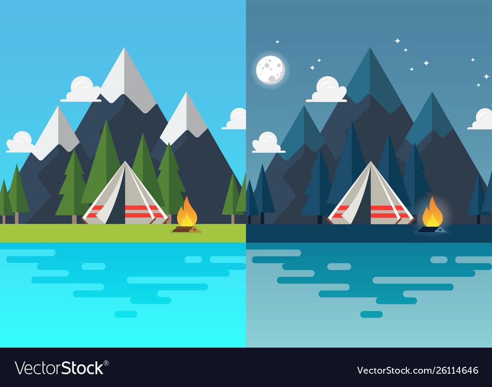 Camping Tent With Landscape At Day And Night Vector Image