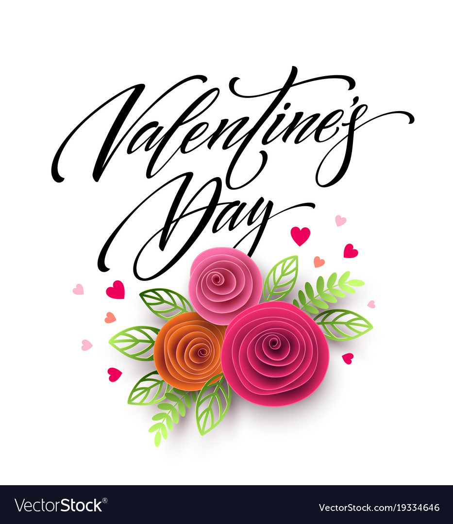 card of valentines day lettering in paper flower vector image valentines day paper flower