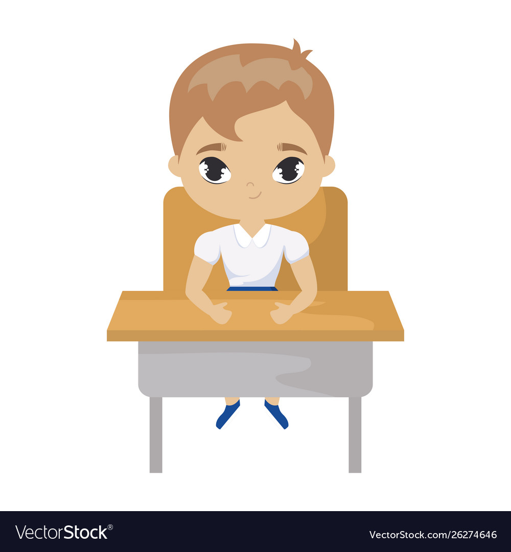Little Student Boy Sitting In School Desk Vector Image