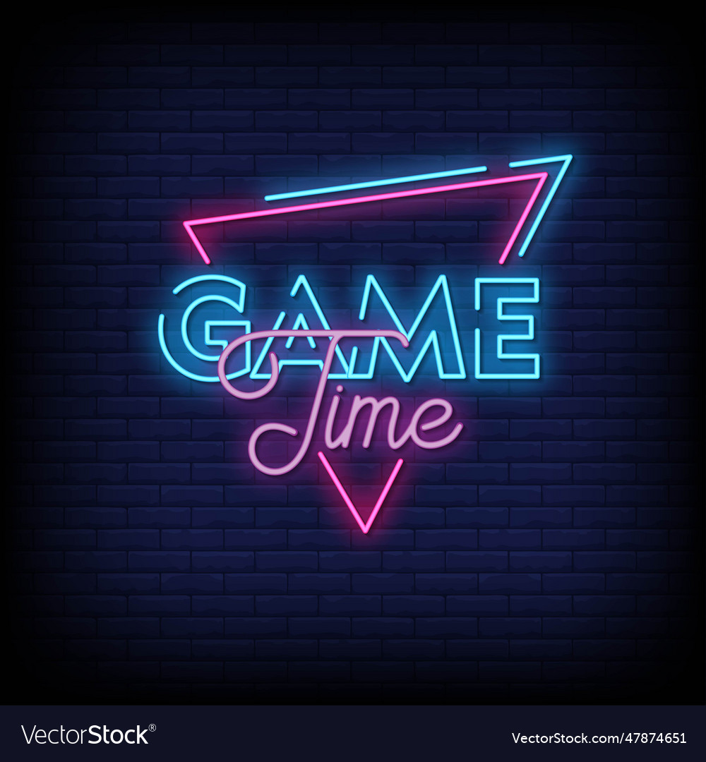 Neon sign game time with brick wall background vec