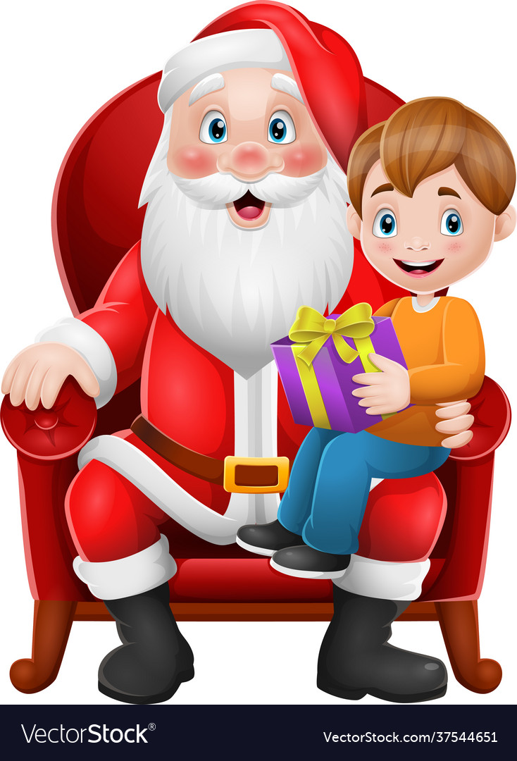 Santa claus sitting in chair with a little cute bo