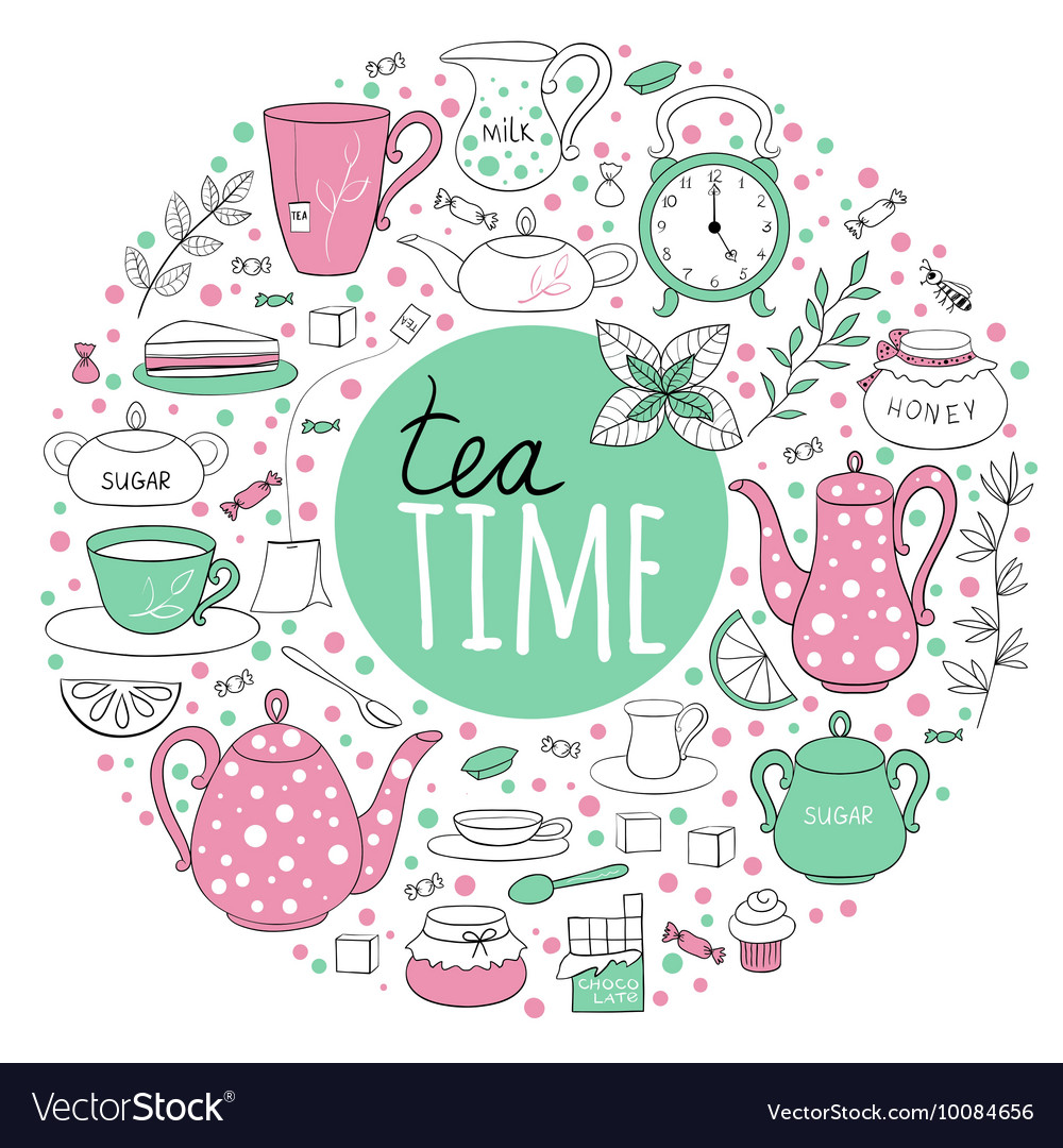 Round set of tea time Royalty Free Vector Image