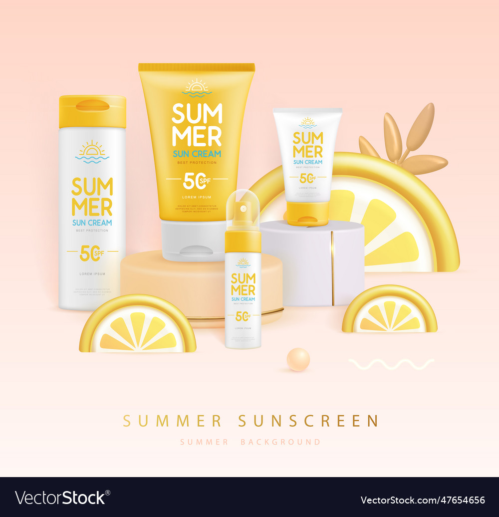 Summer background with 3d podium and sunscreens Vector Image