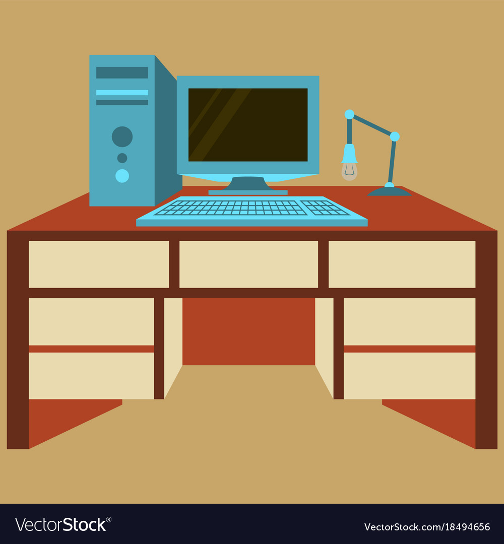 Workplace Desk Computer Lamp Top Angle View Flat Vector Image