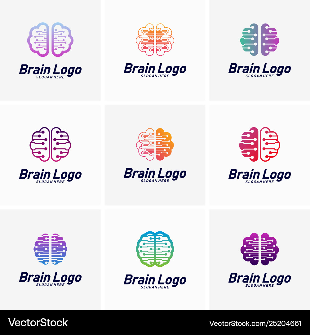 Set tech brain logo design mind technology Vector Image