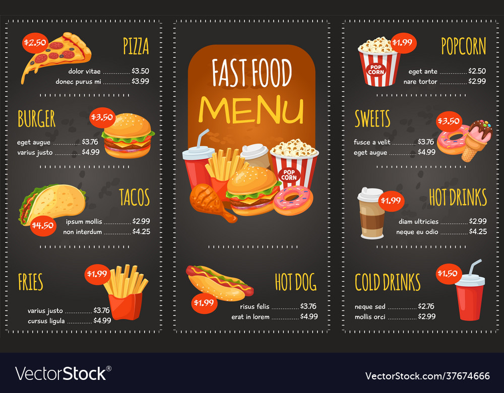 Fast food menu pizza burger and tacos fries Vector Image