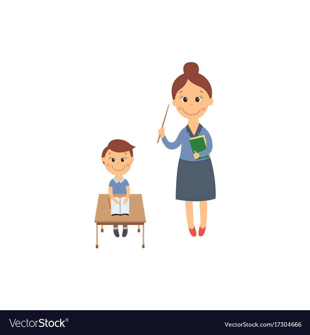 Flat Boy Sitting At Desk And Teacher Royalty Free Vector