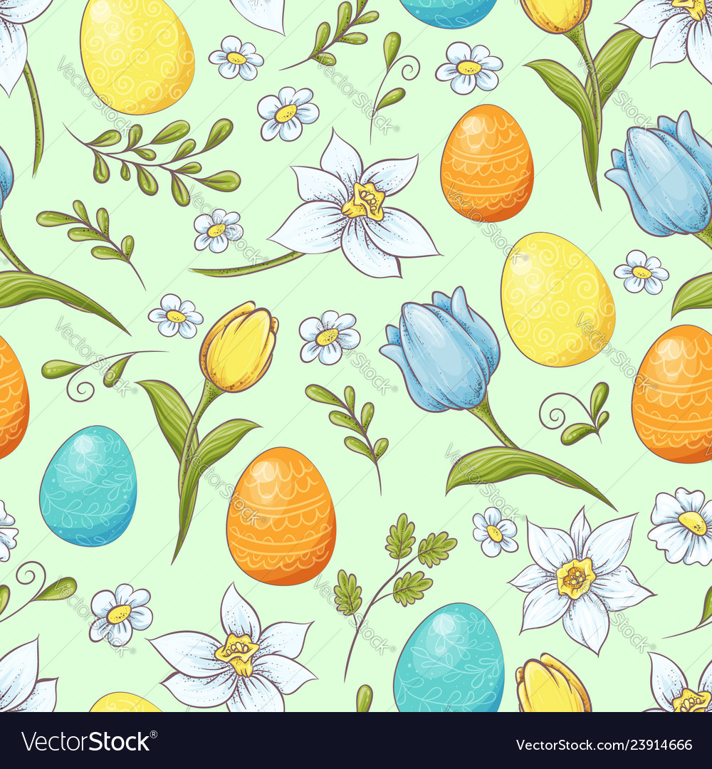 Floral seamless pattern with eggs and stylized