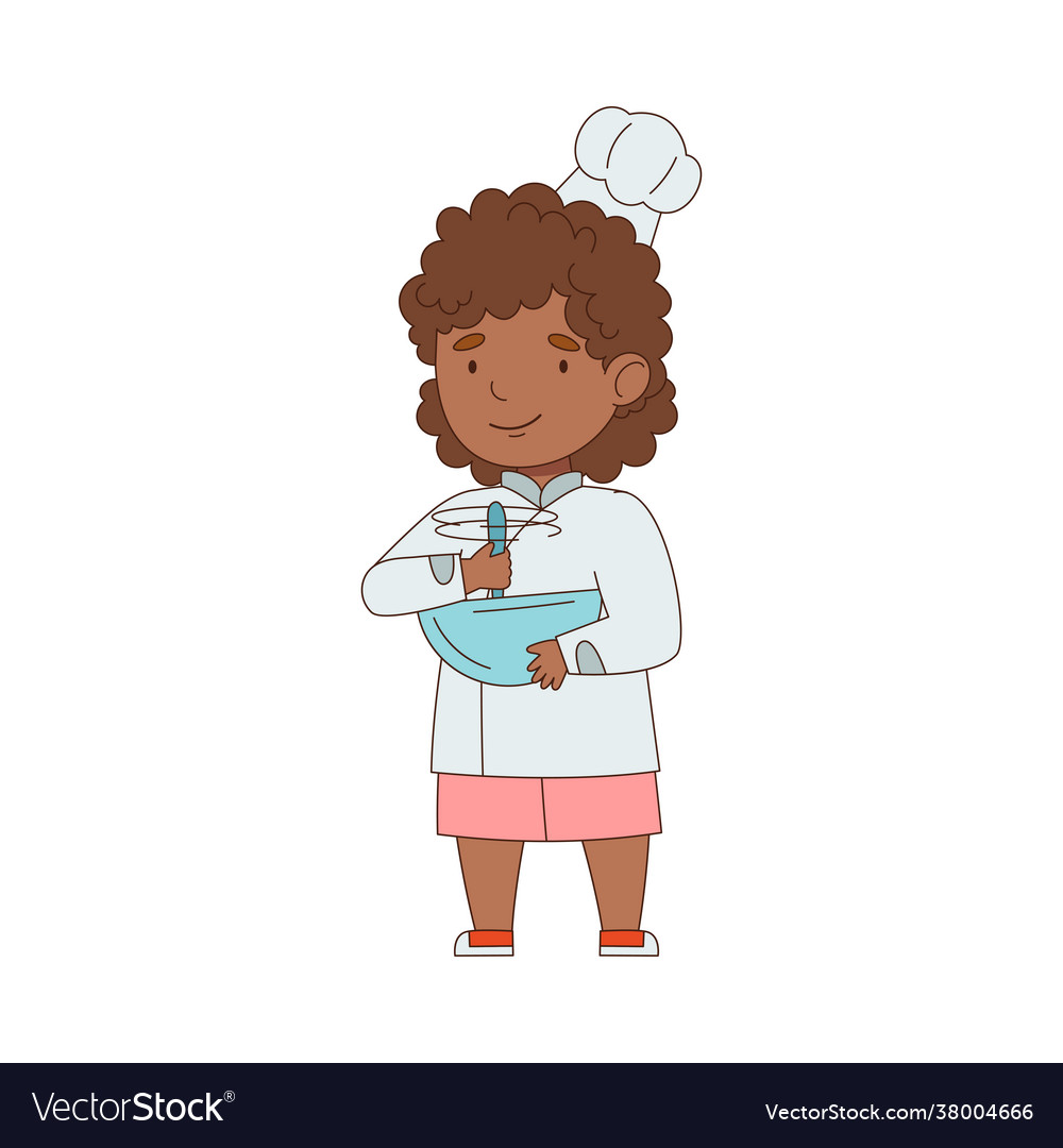 Little african american girl chef in white toque