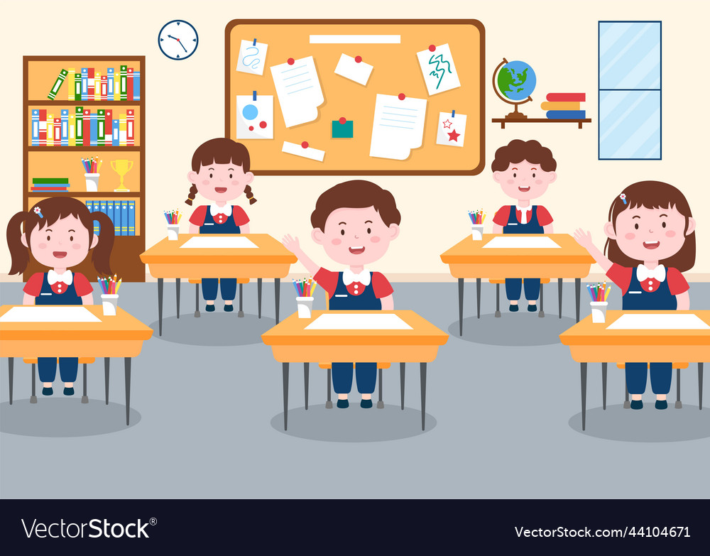 Primary school with cute little students studying Vector Image