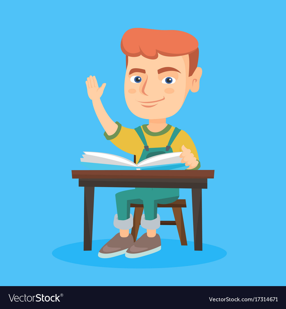 Pupil raising hand while sitting at desk Vector Image