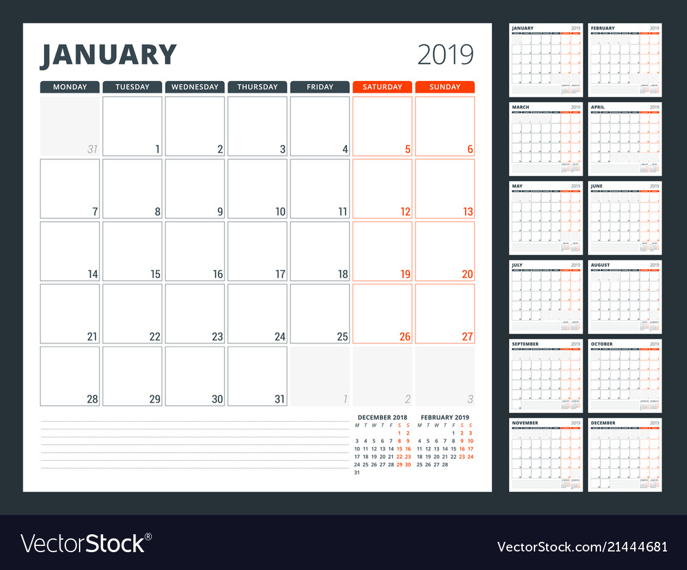 Calendar planner for 2019 year stationery design