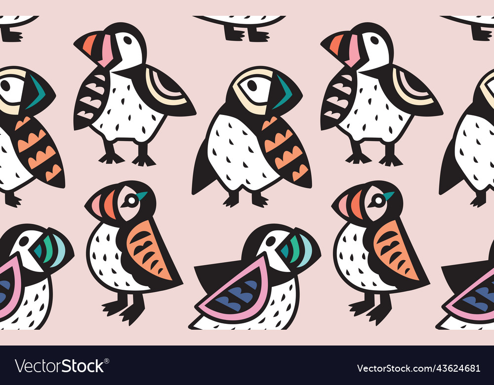 Decorative puffins seamless pattern vector image Decorative puffins seamless pattern