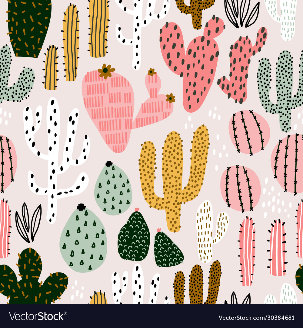 Seamless pattern with colorful cactuses and hand vector image Seamless pattern with colorful cactuses and hand