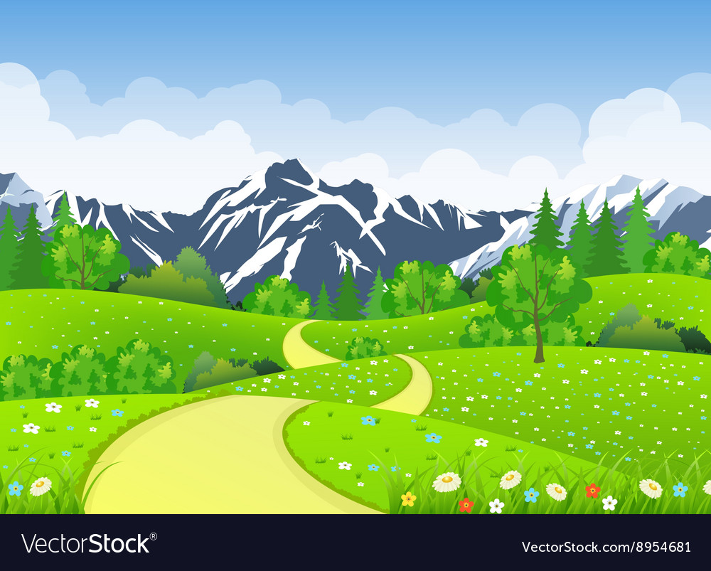 Summer landscape with meadows and mountains Vector Image