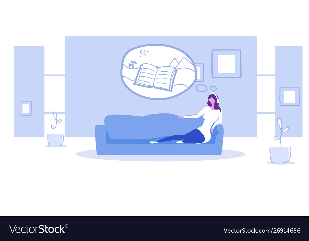 Woman Lying On Couch Listening Audio Book Through Vector Image