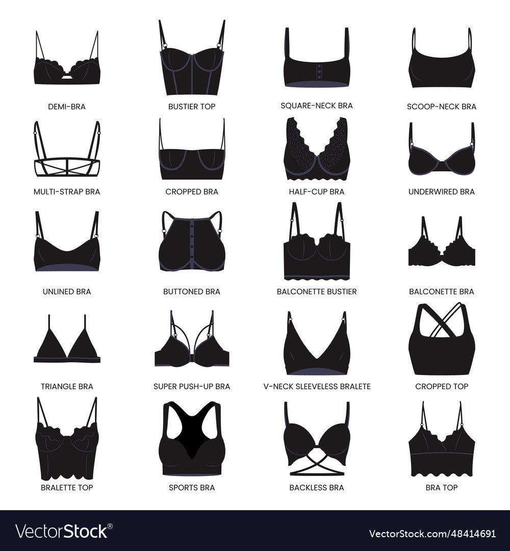 Types of bras big set black lingerie Royalty Free Vector