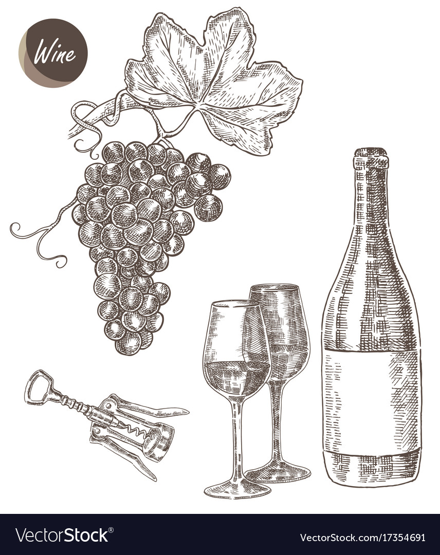 Wine set hand drawn a bottle of a glass Royalty Free Vector