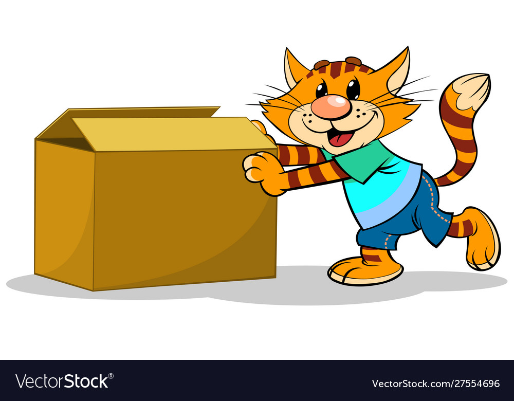 Cartoon cat pushing a box Royalty Free Vector Image