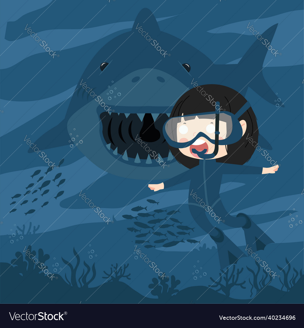 Girl diving equipment under sea with sharks