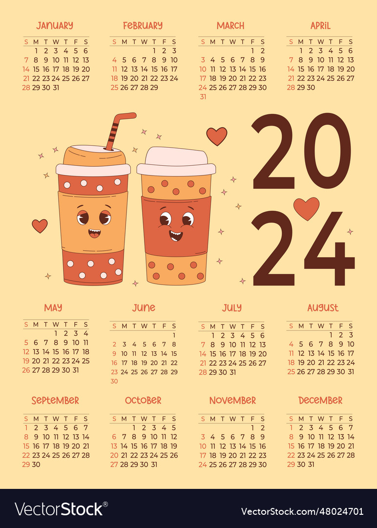 Cool coffee annual calendar 2024 cute retro Vector Image