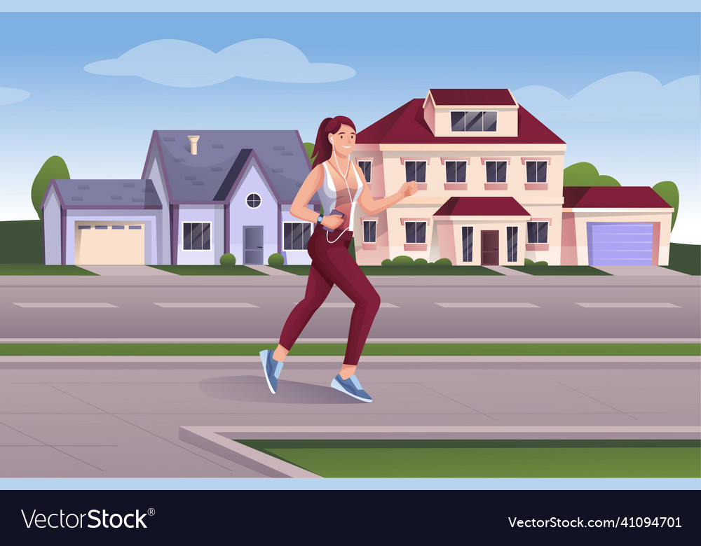 Girl jogging in suburban cityscape scene modern