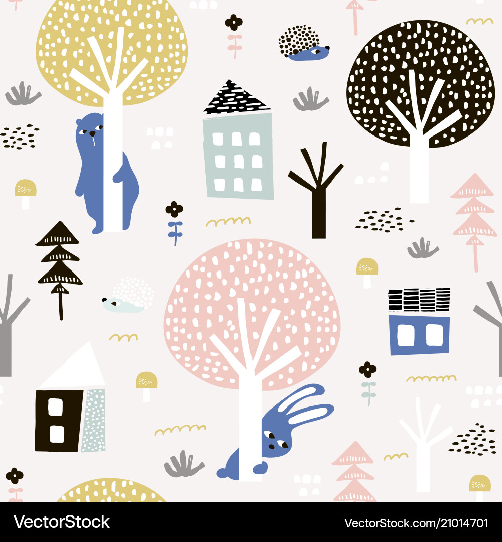 Seamless pattern with bunny bear hedgehog Vector Image