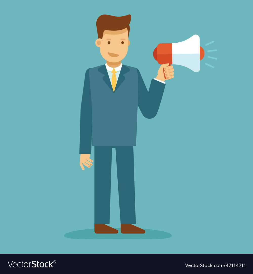 Guy standing and holding megaphone - marketing Vector Image