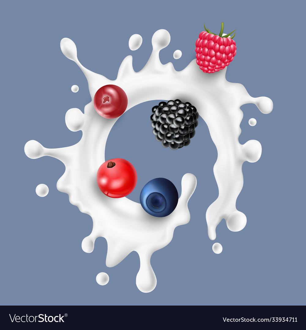 Realistic detailed 3d raw berries with milk splash