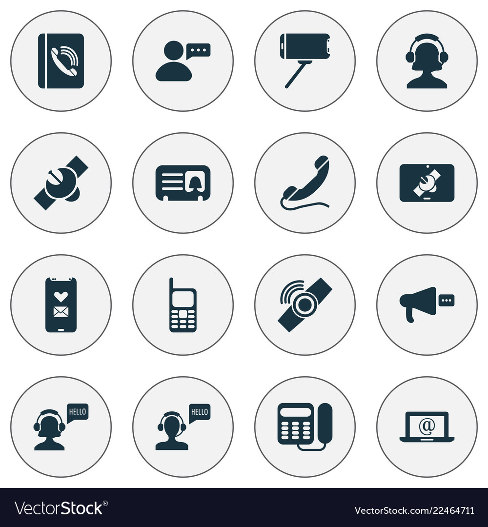 Telecommunication icons set with greeting male