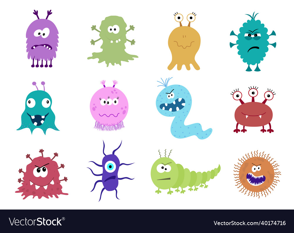 Funny and scary bacteria cartoon characters Vector Image