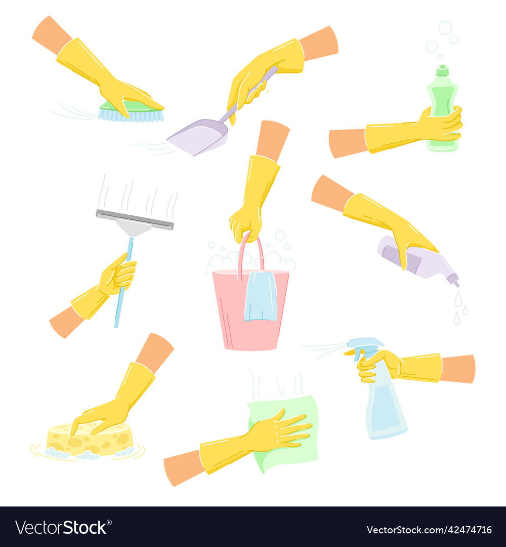 Hands holding different cleaning products Vector Image