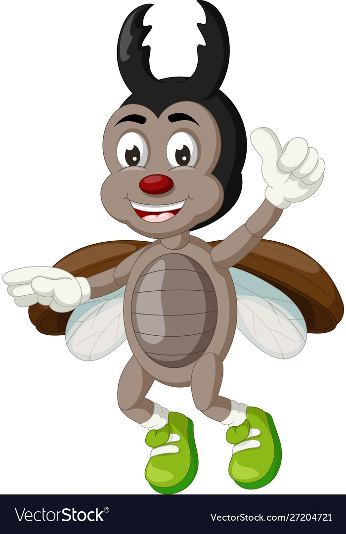 Funny brown black beetle wearing green shoes