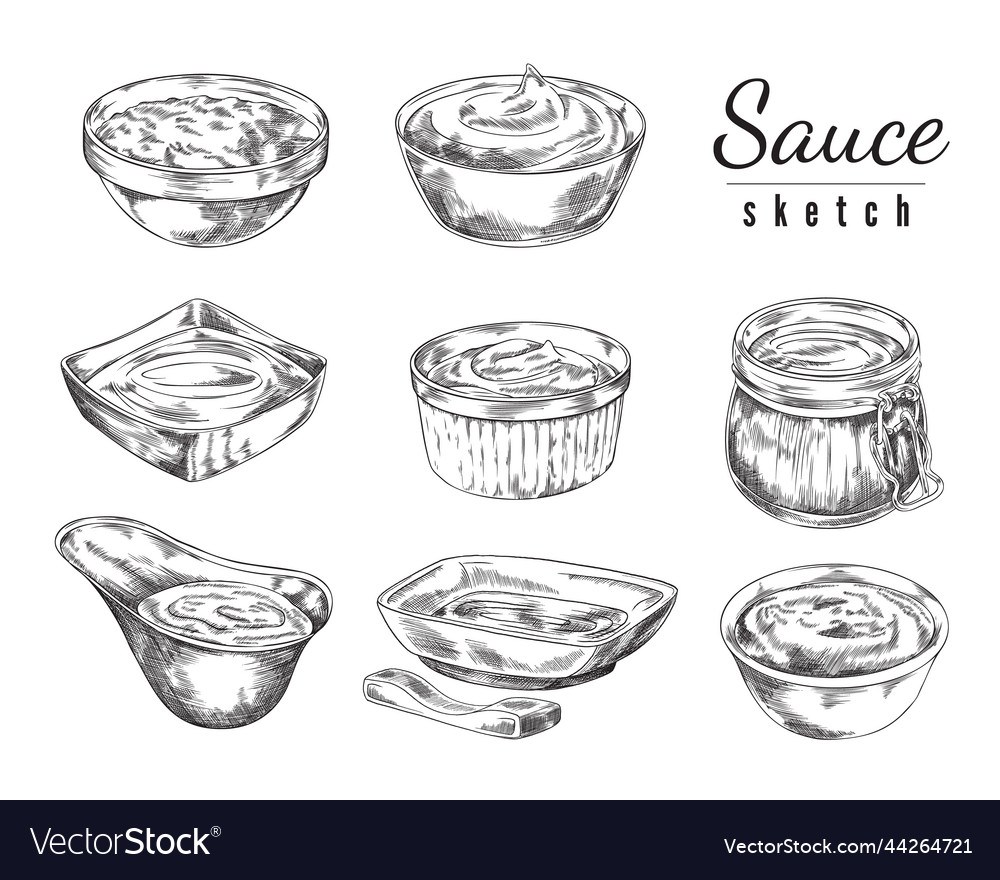 Various sauces in bowls hand drawn sketch Vector Image