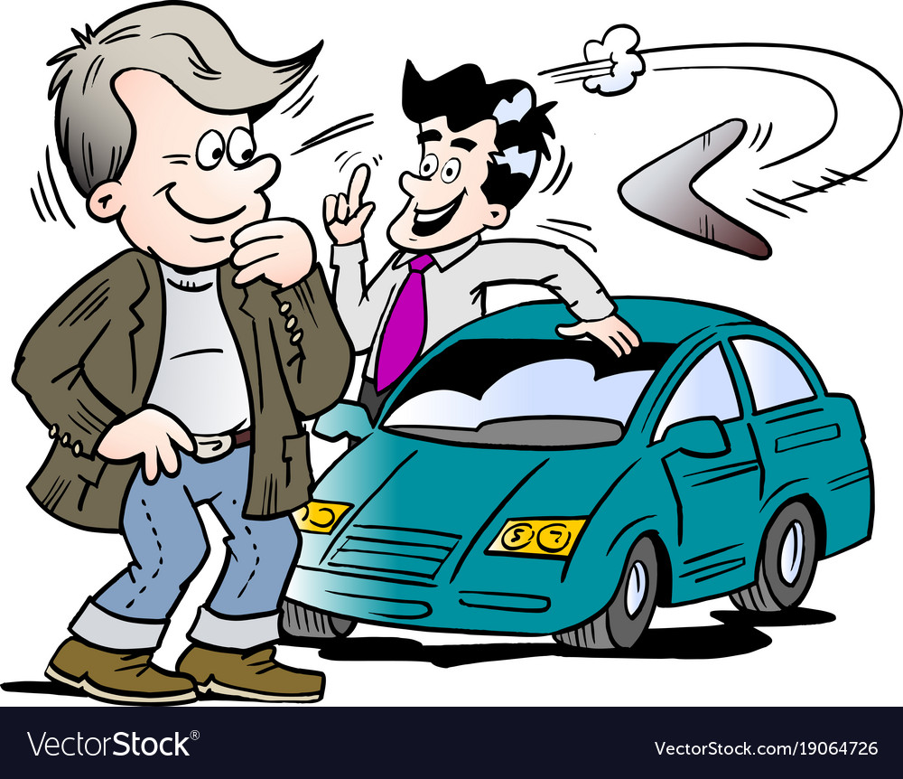 cartoon-of-a-car-seller-and-a-customer-looking-vector-image