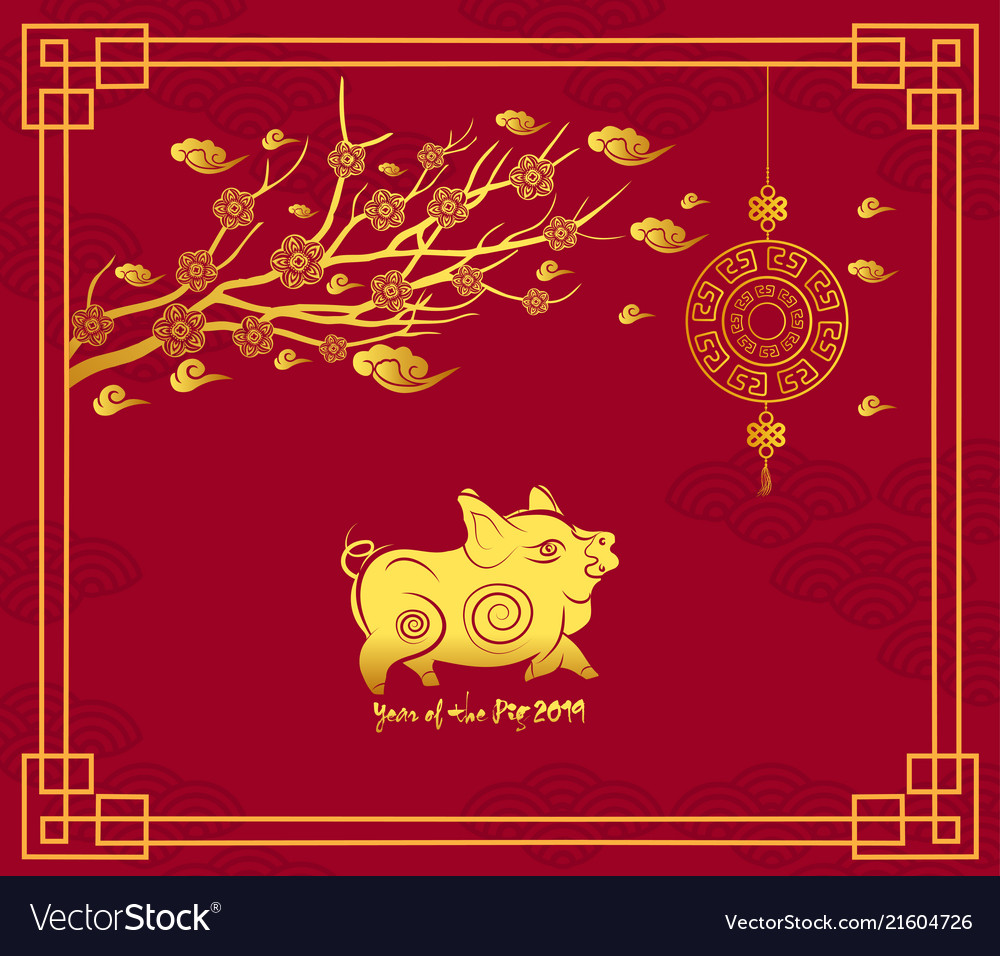 Happy Chinese New Year 2019 Card With Pig Blossom Vector Image