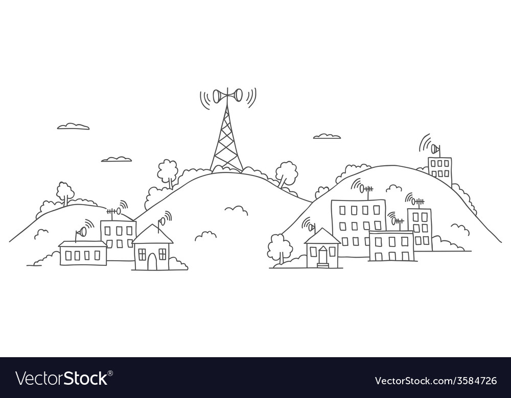 Transmission tower on landscape with signal waves