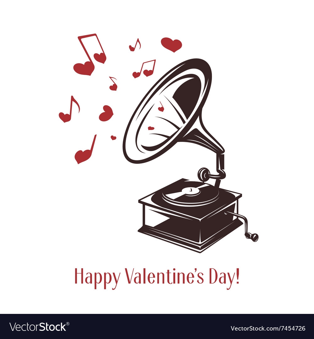 Valentine day card vintage gramophone Royalty Free Vector