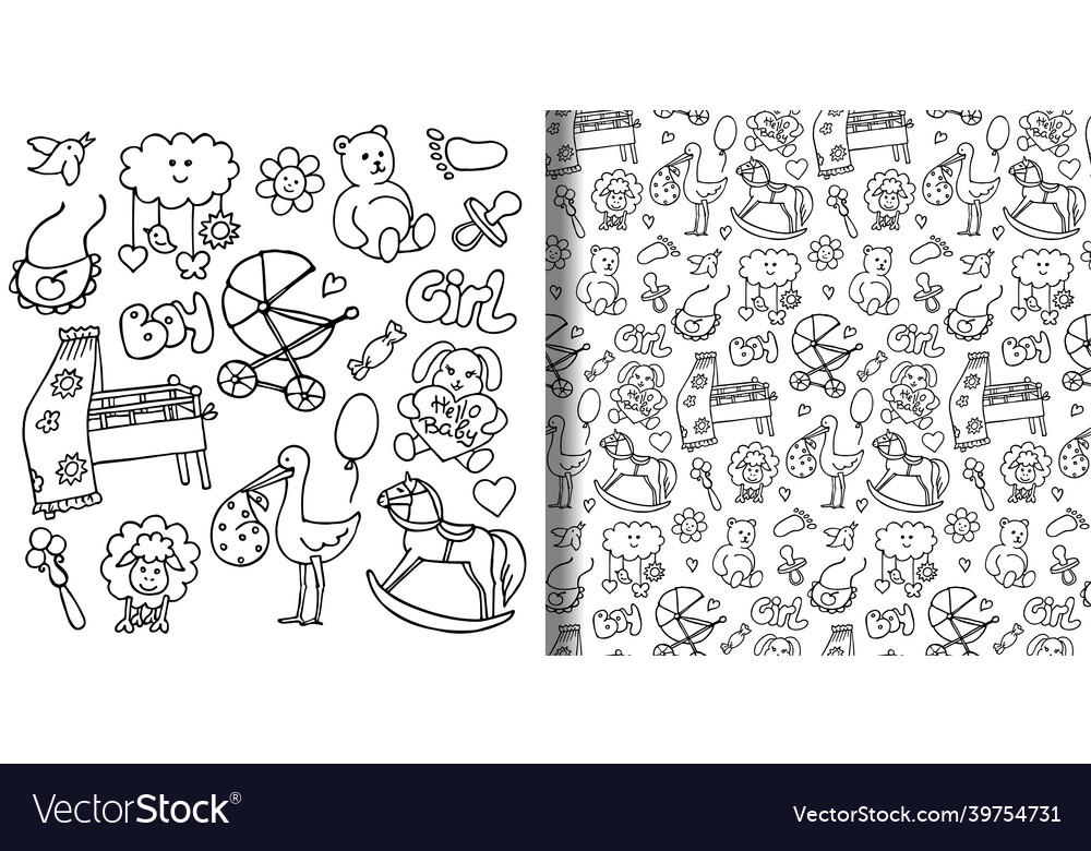 Baby hand drawn objects set and seamless pattern vector image Baby hand drawn objects set and seamless pattern